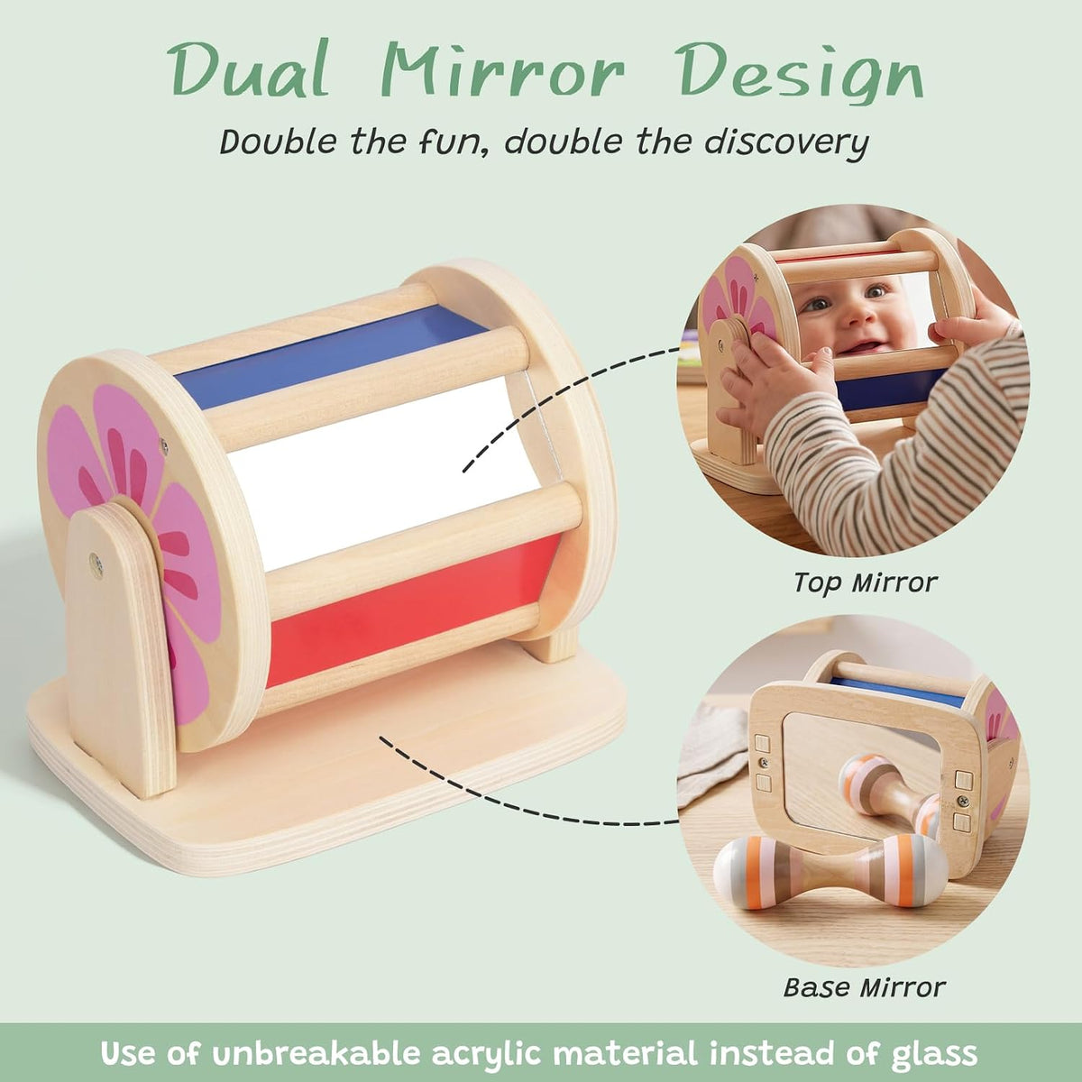 WOODENFUN Montessori spinning drum with rainbow sides and acrylic mirror for tummy time - view 2