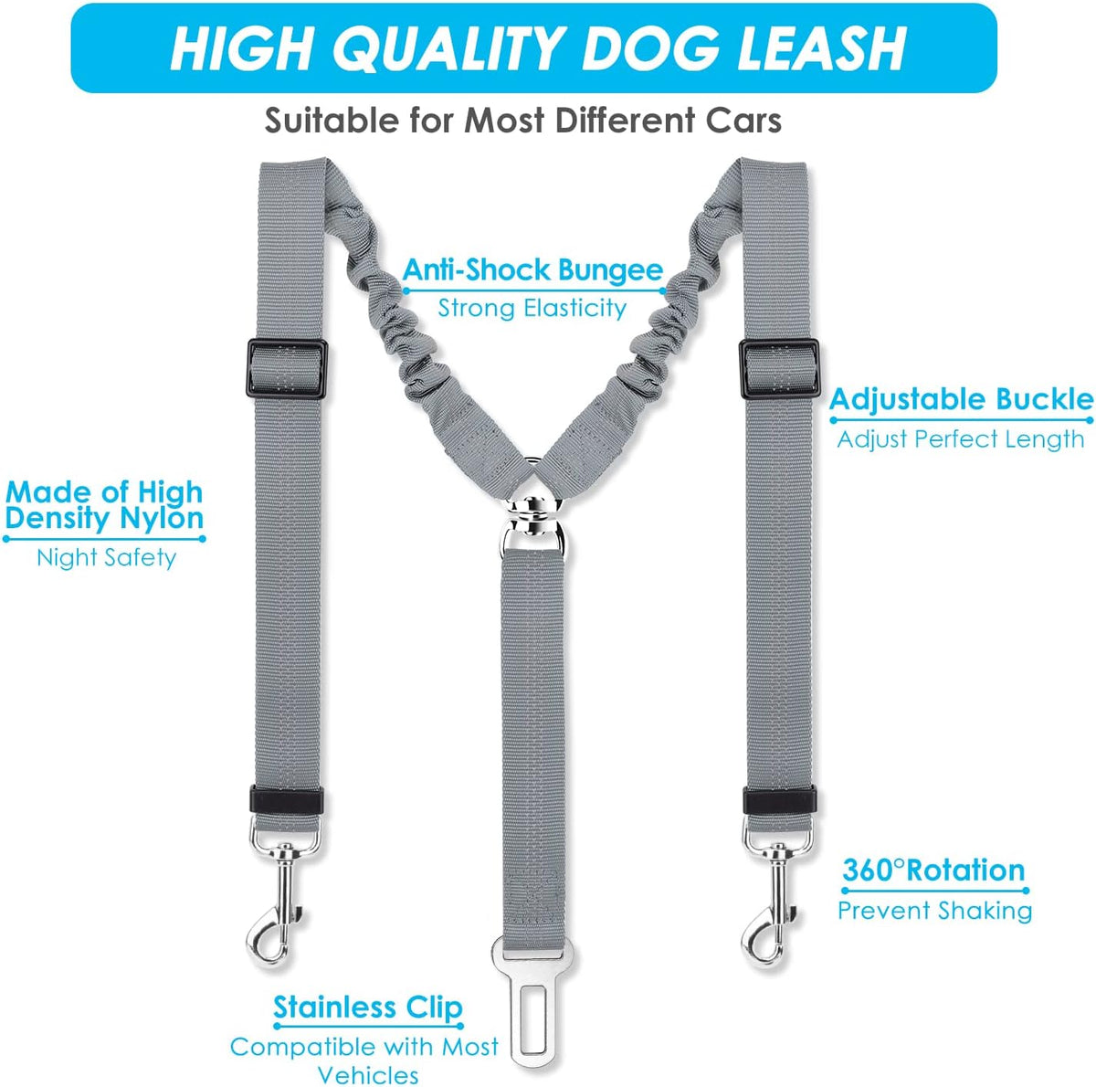 SlowTon Double Dog Seat Belt for Car with Elastic Bungee Buffer - G.Grey / 2 Small in 1 - image 3
