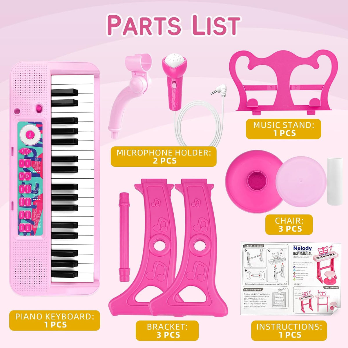 Amy&Benton pink 37-key kids piano keyboard with stand, microphone and stool - view 12