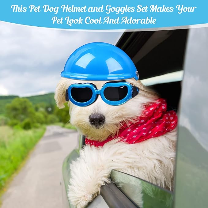 Frienda Dog Helmet and Goggles, UV Protection Doggy Sunglasses and 4 Inch Padded Puppy Motorcycle Helmet Adorable Dog Goggles with Adjustable Belt for Small Dogs Puppy Riding(Blue,S)