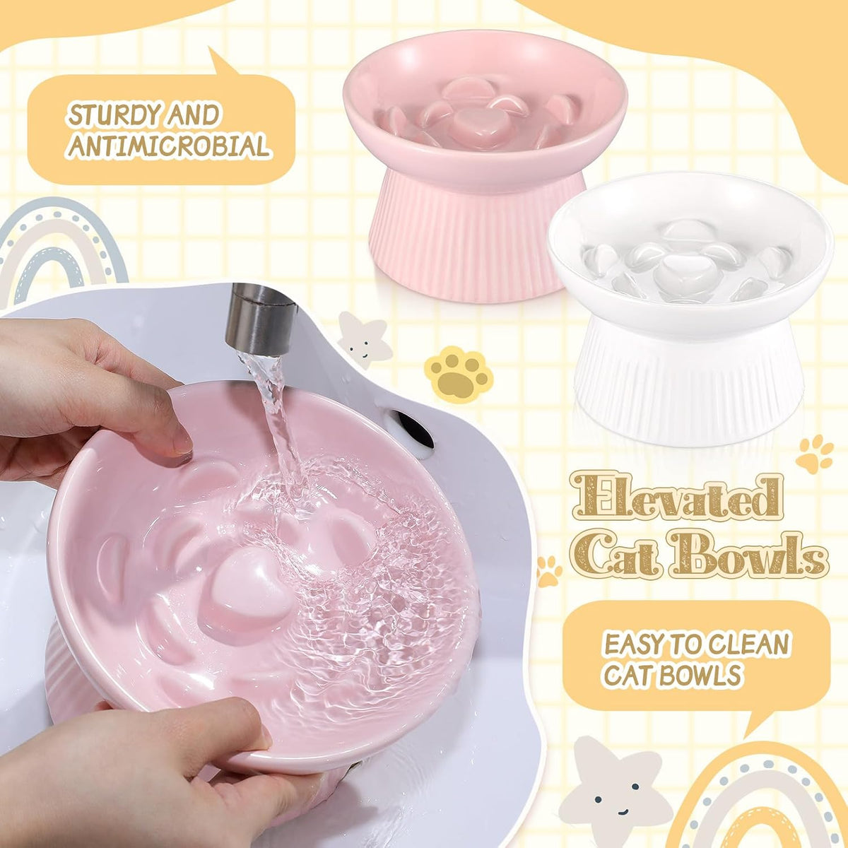 Layhit 2 Pack Raised Slow Feeder Cat Bowls Ceramic Elevated Cat Food - Pink, White - image 3