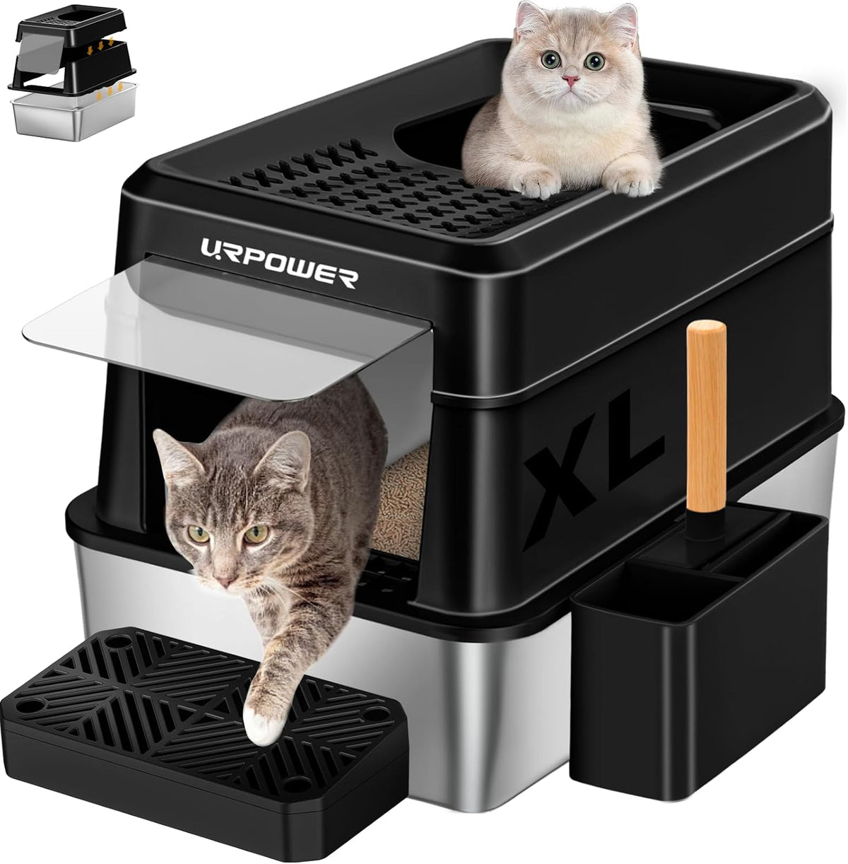 URPOWER Extra Large Stainless Steel Litter Box with Lid for Large Cats – Daily Care for Cats - Black