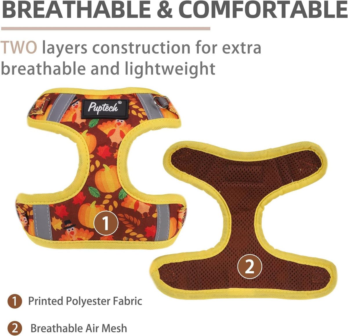 PUPTECK Dog Harness and Leash Set Small Sized - M (17-25lbs, Chest 17"-21") / #2 Brown(Turkey Print) - image 2