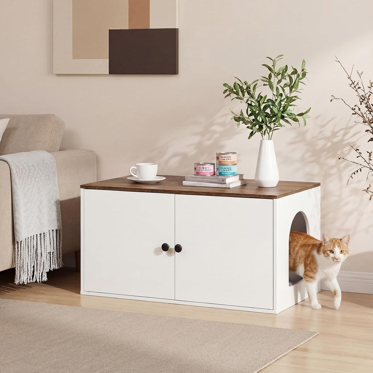 HOOBRO Cat Litter Box Enclosure - White + Walnut - image 4