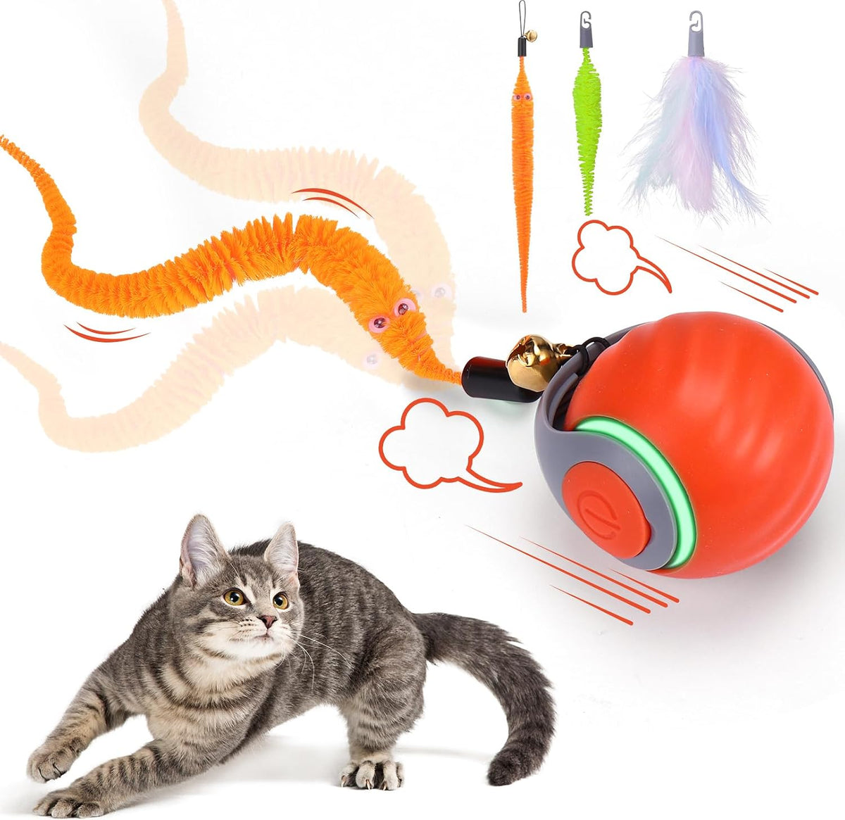 Interactive Cat Toy Ball - Automatic Interactive Cat Toys for Indoor Cats with 3 Tails, 2 Speeds - 1 Pack Orange