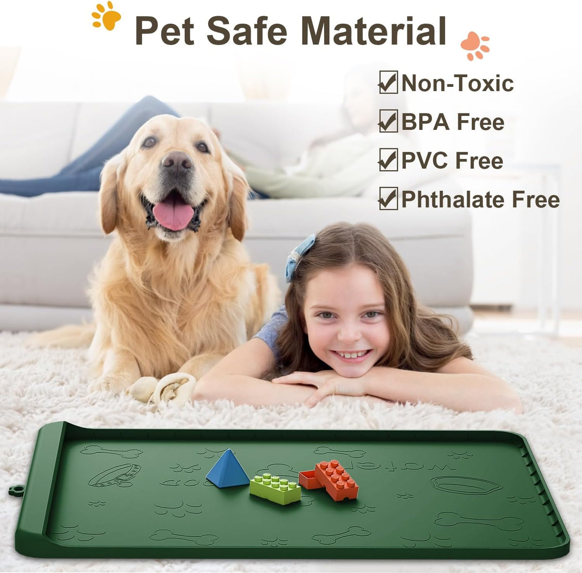 Dog Food Mat 36"x24" - Silicone Dog Mat for Food and Water Large Pet Feeding Mats with Residue - Khaki Green / 36"L x 24"W - image 3