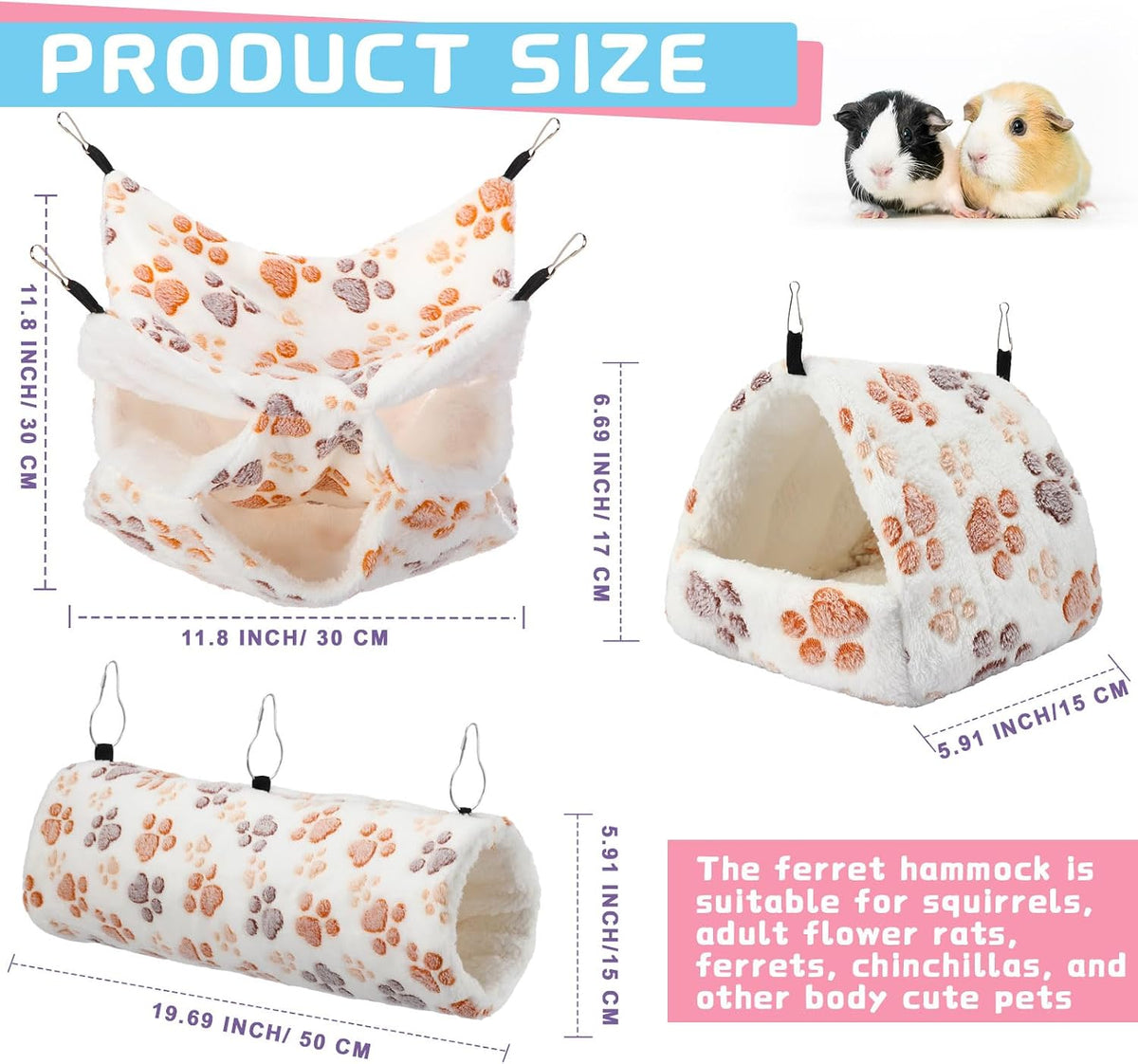 Abbylike 9 Pieces Rat Hammock 3 Tier Guinea Pig Ferret Hammocks Small - Light Brown, White, Black / Paw - image 2