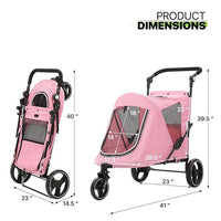 Magshion Pet Stroller for Medium Dogs w/Adjustable Handle, 3-Wheel Dog Cat Wagon w/Dual Entry, Rear Storage, Breathable Mesh, One-Foot Brake, Ideal for Large Pets up to 55 lbs, Pink
