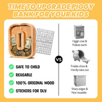 KMC wooden letter piggy bank, oak initial coin bank with clear plexiglass front - view 33