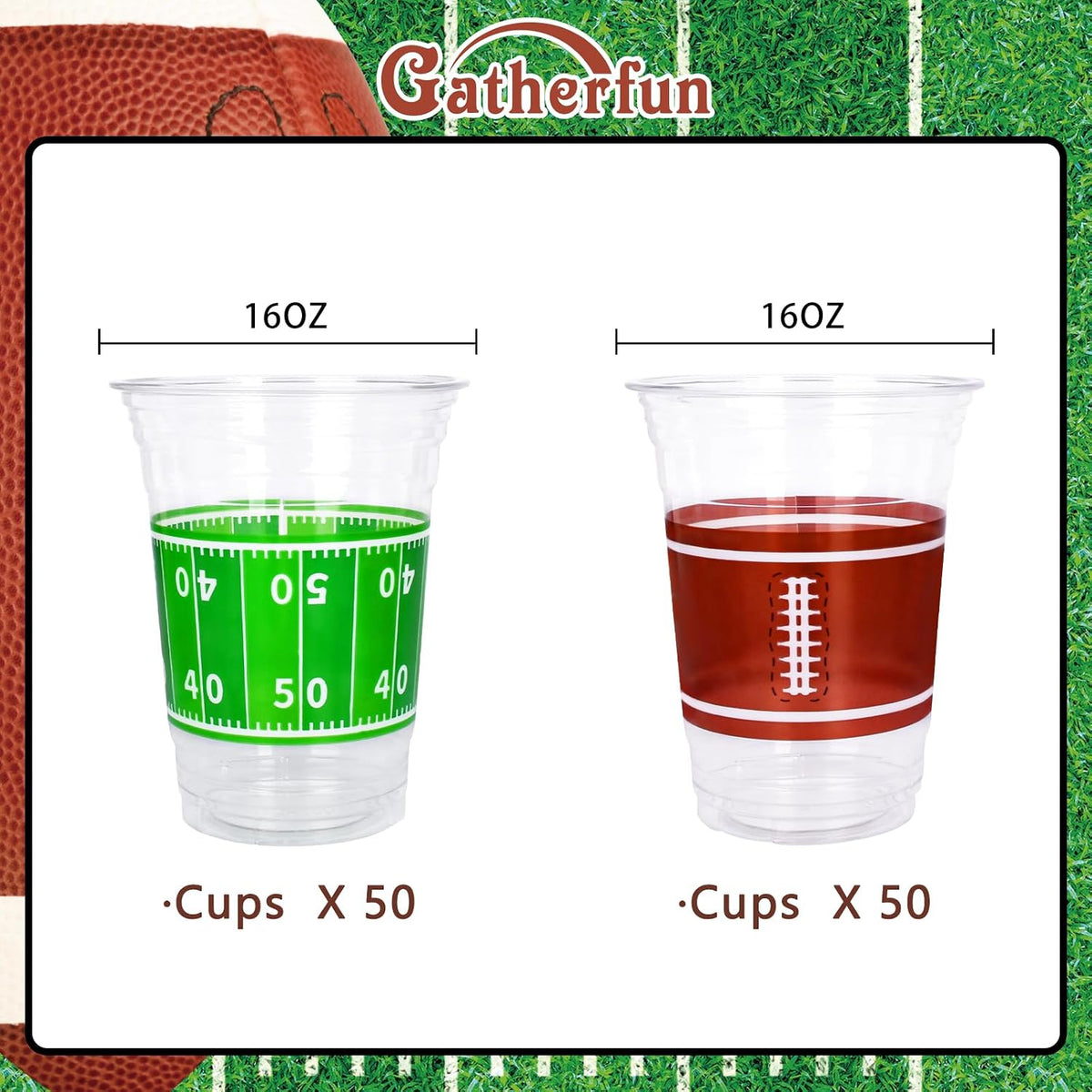 Gatherfun 100 Pcs 16oz Football Plastic Cups - Green and Brown - image 2