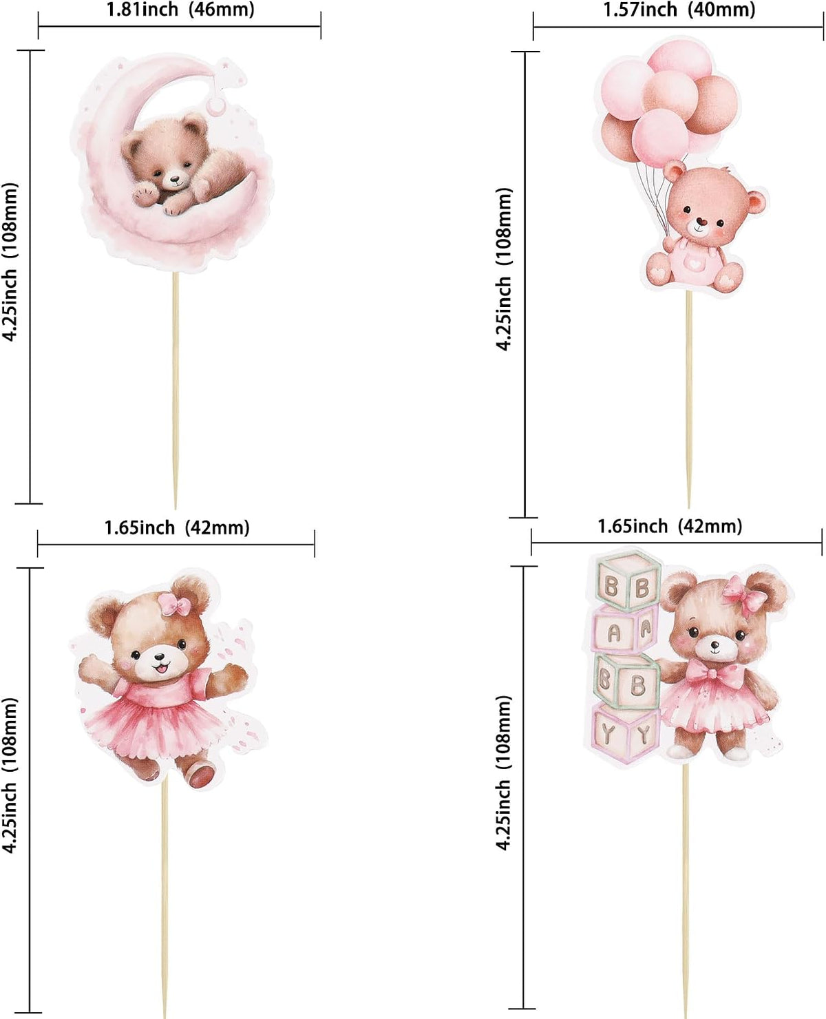 Gyufise 36Pcs Baby Shower Bear Cupcake Toppers Moon Baby Bear Baby - Pink - image 2