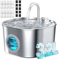Cat Water Fountain Stainless Steel: Pet Fountains for Cats/Dog Indoor - 108oz/3.2L Cat Fountain + 10 Filters + 10 Sponges