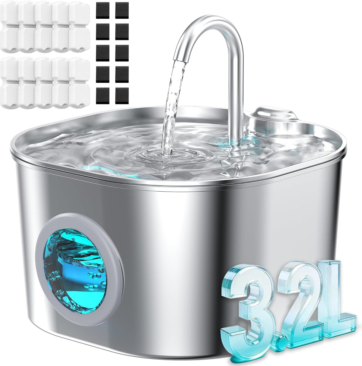 Cat Water Fountain Stainless Steel: Pet Fountains for Cats/Dog Indoor - 108oz/3.2L Cat Fountain + 10 Filters + 10 Sponges