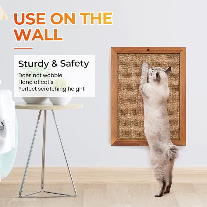 Cat Scratching Post - BXL, Natural Wooden Sisal Cat Wall Scratcher, Floor or Wall Mounted Vertical Cat Scratch Pad for Indoor Cats Adults or Kittens, Cat Wall Furniture Protector