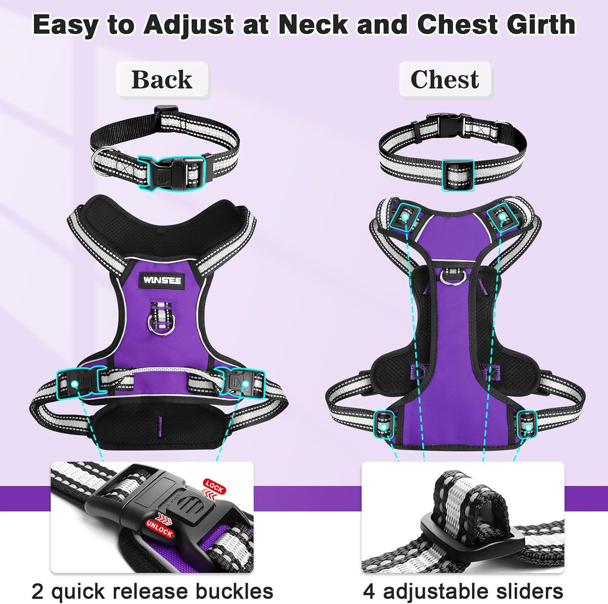WINSEE Dog/Pet Harnesses No Pull with Dog Collar - X-Large / Purple - image 4