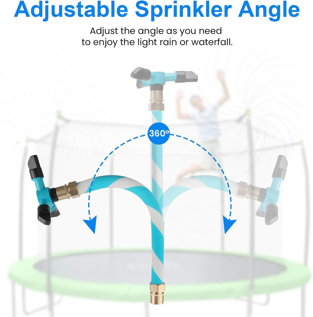 TINPOO blue trampoline sprinkler with three rotating arms spraying water over a backyard trampoline - view 2