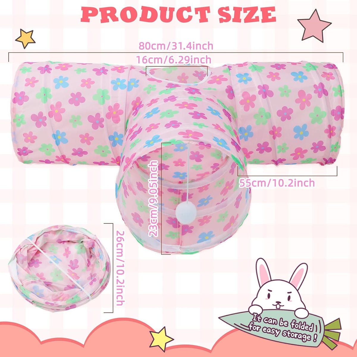 Bunny Tunnels & Tubes, 3-Way Collapsible Rabbit Hideout for Bunnies – Essentials for Small Pets - Pinkflower - image 4