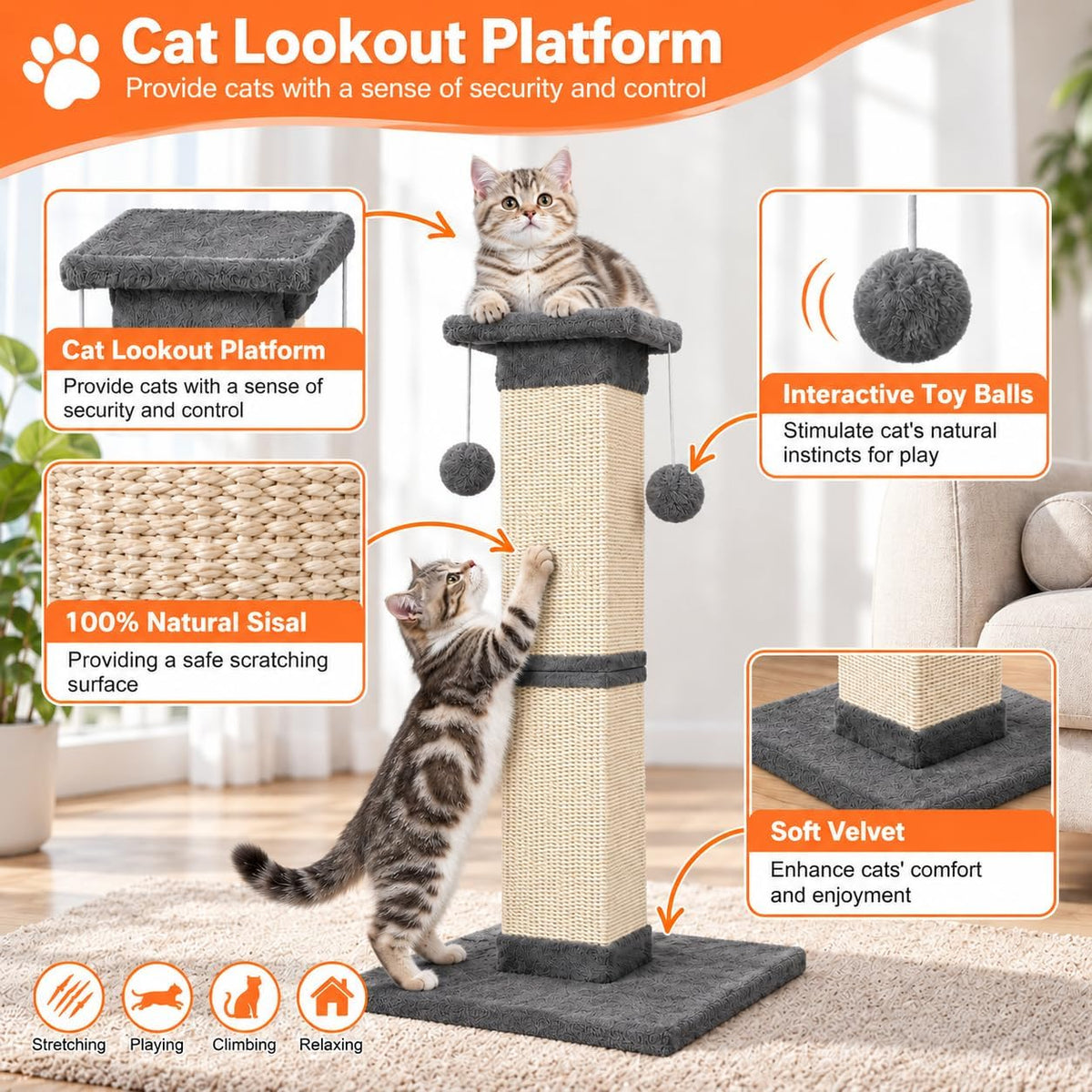 SOCATER Cat Scratching Post 33 Inch, Beige – Essentials for Cats - Grey - image 4