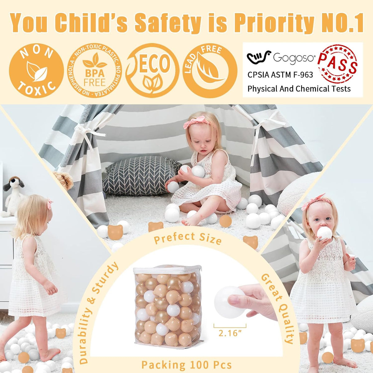 GOGOSO 100 pastel bear-shaped and round ball pit balls with zipper storage bag - view 15