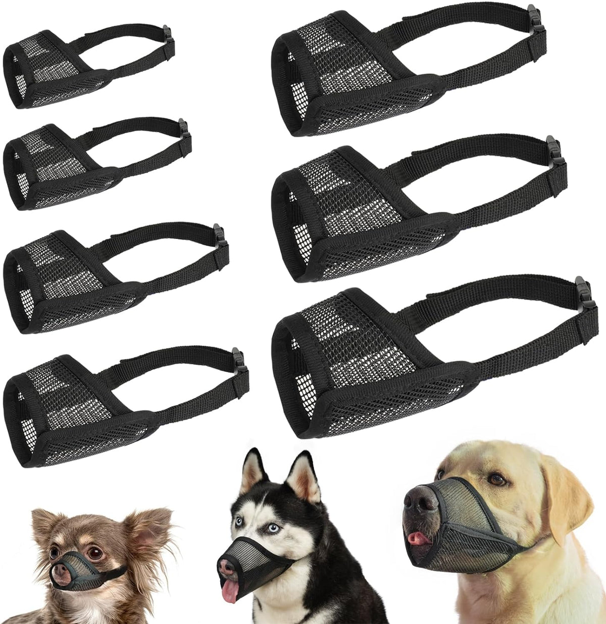 Mesh Dog Muzzle Suits for Small Medium Large Dogs Dog Muzzle Set – Essentials for Dogs - Black / Full Size 7 PCS(XXS-XXL)