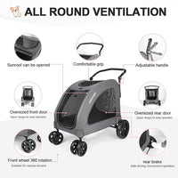 Large Dog Travel Stroller with 4 Heavy Duty Wheels Pet Stroller with Adjustable Handle - Double Doggie Capacity Jogger Wagon with Back Front Door for Small Medium Large Dogs (Dark Light Gray)