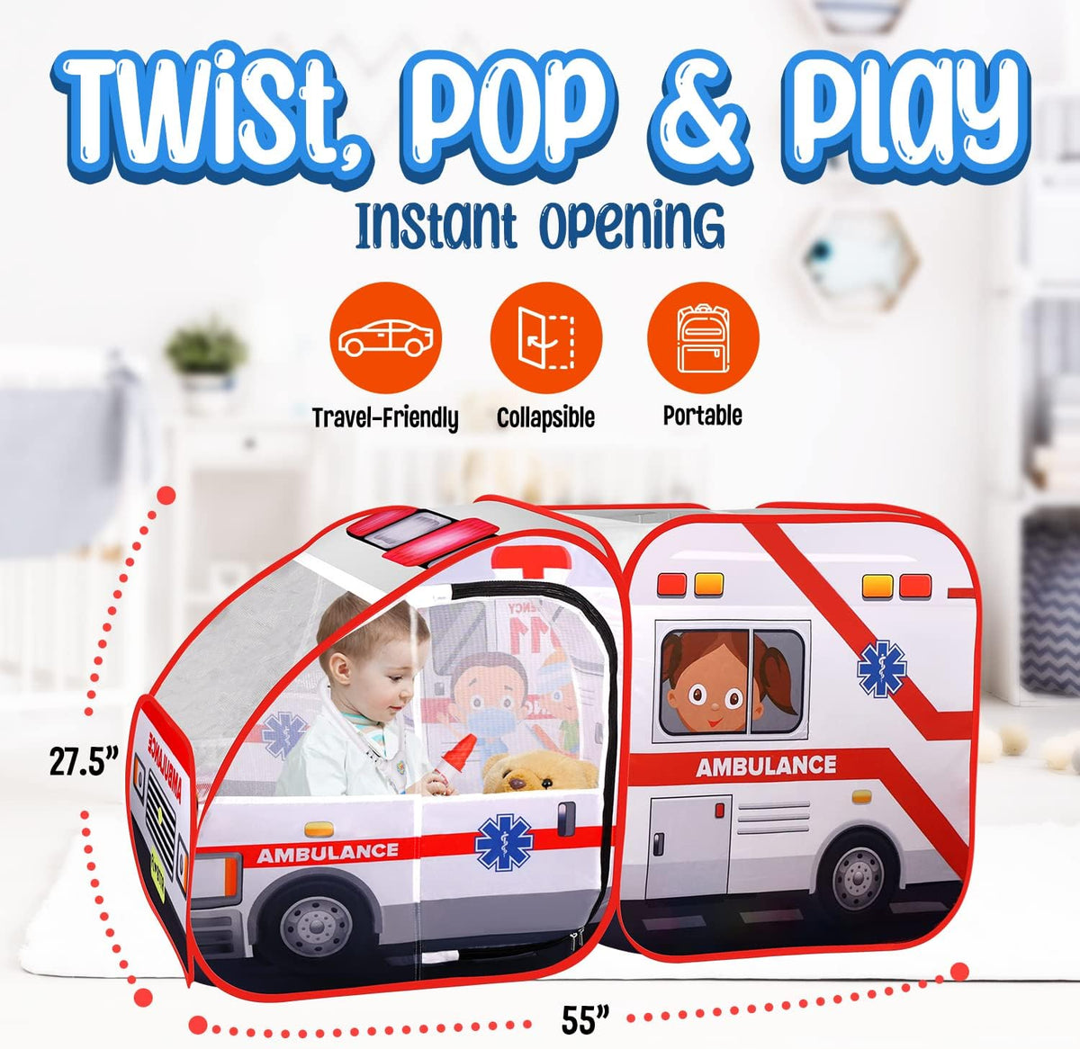 Kiddzery ambulance pop-up play tent for kids with doctor kit and mesh windows - view 4