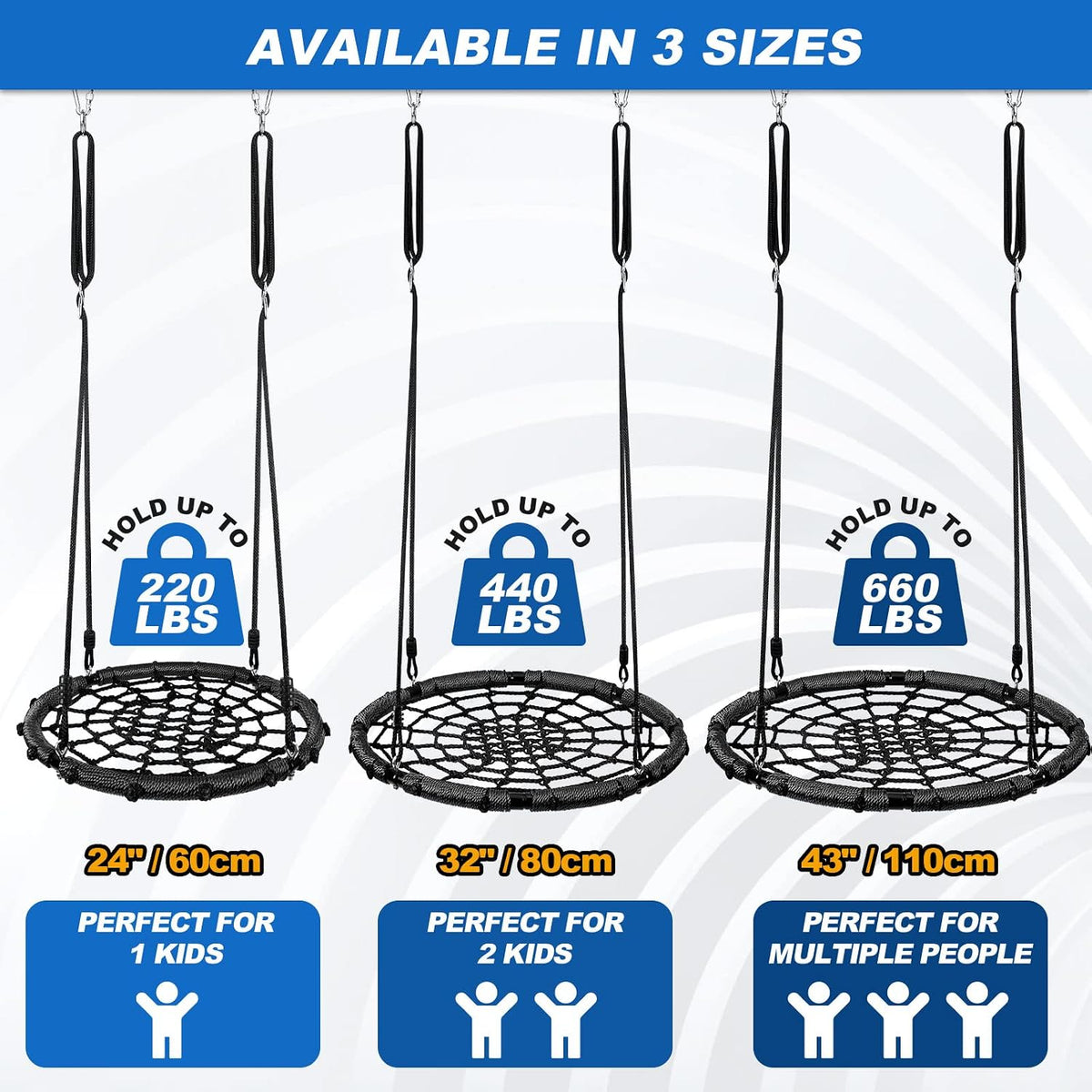 Odoland 43 inch black spider web tree swing with padded steel frame and adjustable ropes - view 3