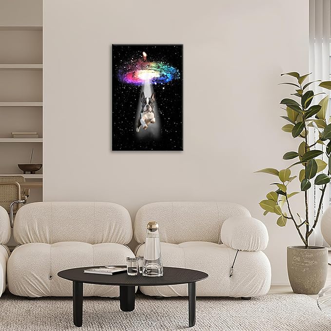 Funny Dog Wall Art Canvas Boston Terrier Wall Decor Prints Framed Painting Bulldog Galaxy Pictures Gifts Artwork for Bathroom 16"x24"