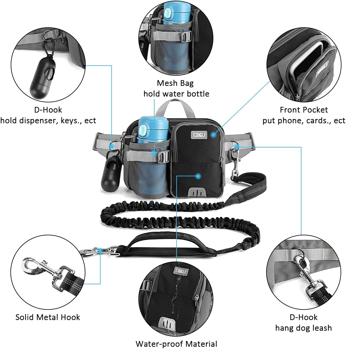 ETACCU Hands Free Dog Leash with Phone Pouch - 1 Dog Blue-black - image 3