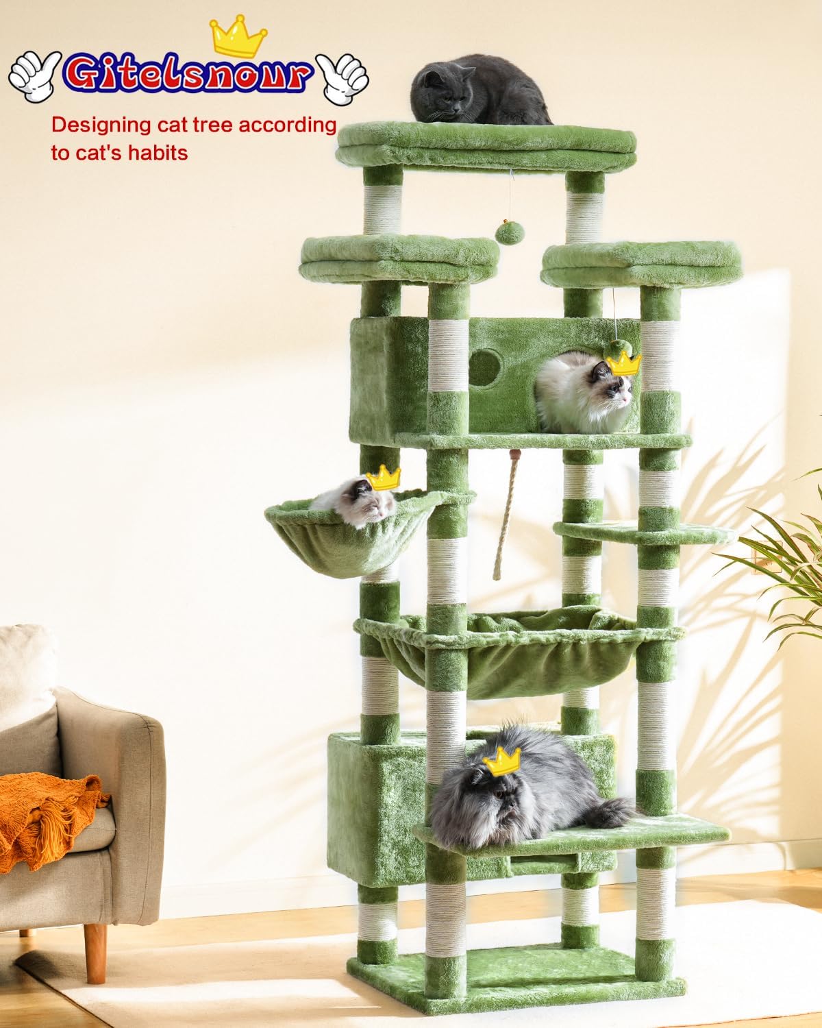 Cat Tree, 74" Tower for Large Cats, Big Condo & Hammock GCT030G – Essentials for Cats - 74 inch / Green - image 2