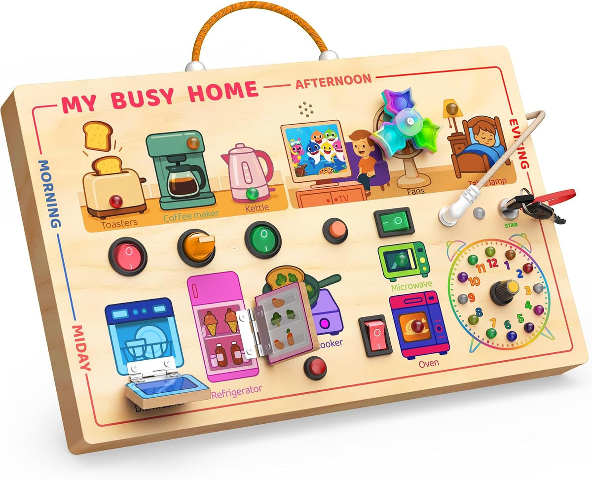UdoUto Montessori Wooden Busy Board for Toddlers with LED Lights - My Busy Home Busy Board