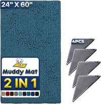 Muddy Mat | Absorbent Microfiber Chenille Door Mat Grey 24" x 35" with Heavy Duty Non-Slip Rug - 24" x 60" / Atlantic Blue
