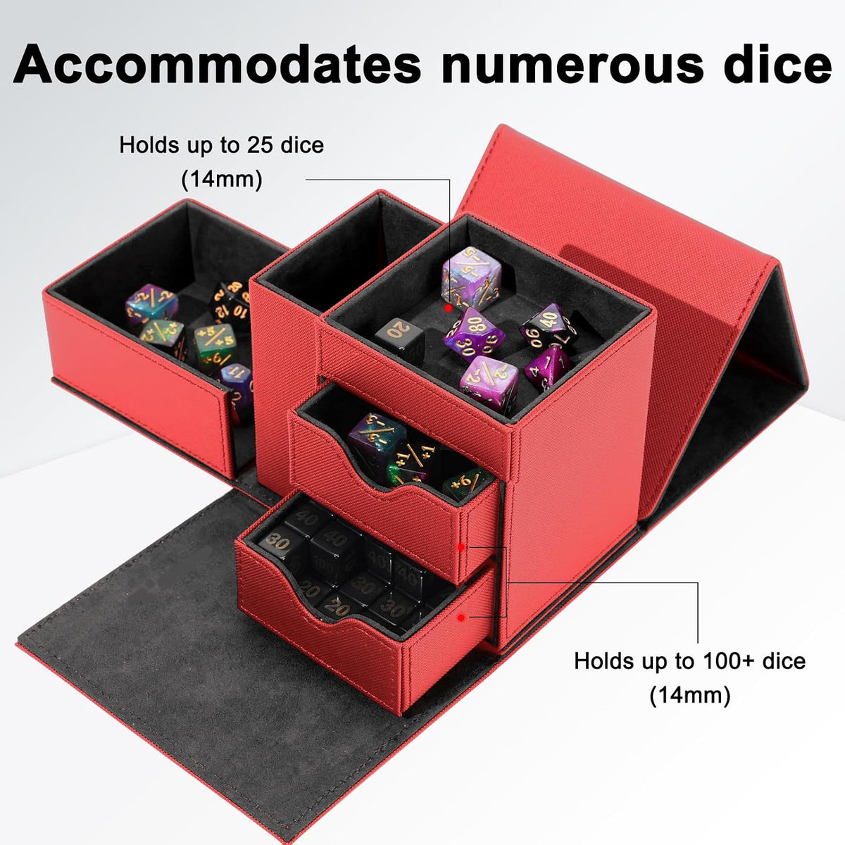 Stepane dice tray and dice tower storage box in black and red PU leather with drawers - view 13