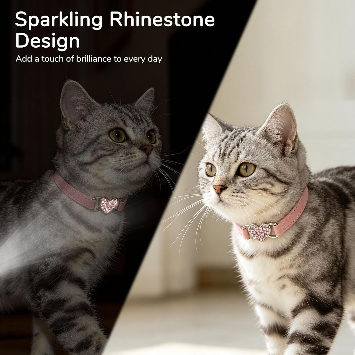 BINGPET Diamond Cat Collar with Bell, Adjustable Kitten Collar - Pink(Heart) / Neck Girth 6"-8" - image 3