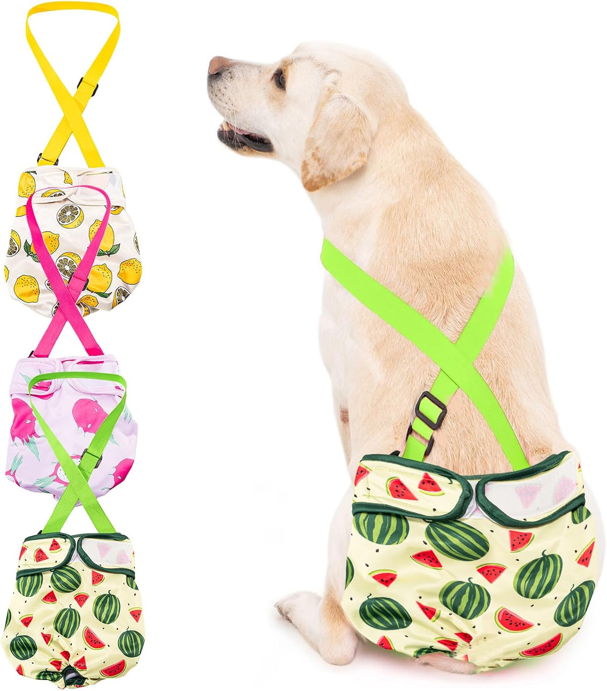 Avont 3 Pack Washable Female Dog Diaper with Suspender - L / Yellow/Pink/Green…