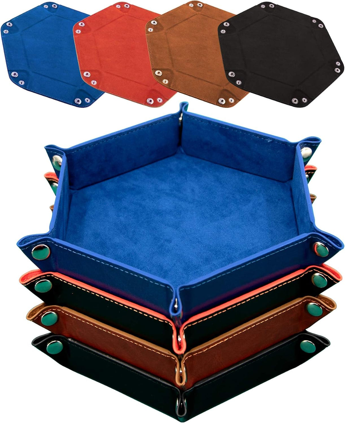SIQUK 4 Pieces Dice Tray Set Foldable Dice Trays Hexagon Dice Rolling - Royalblue, Orange, Camel and Black