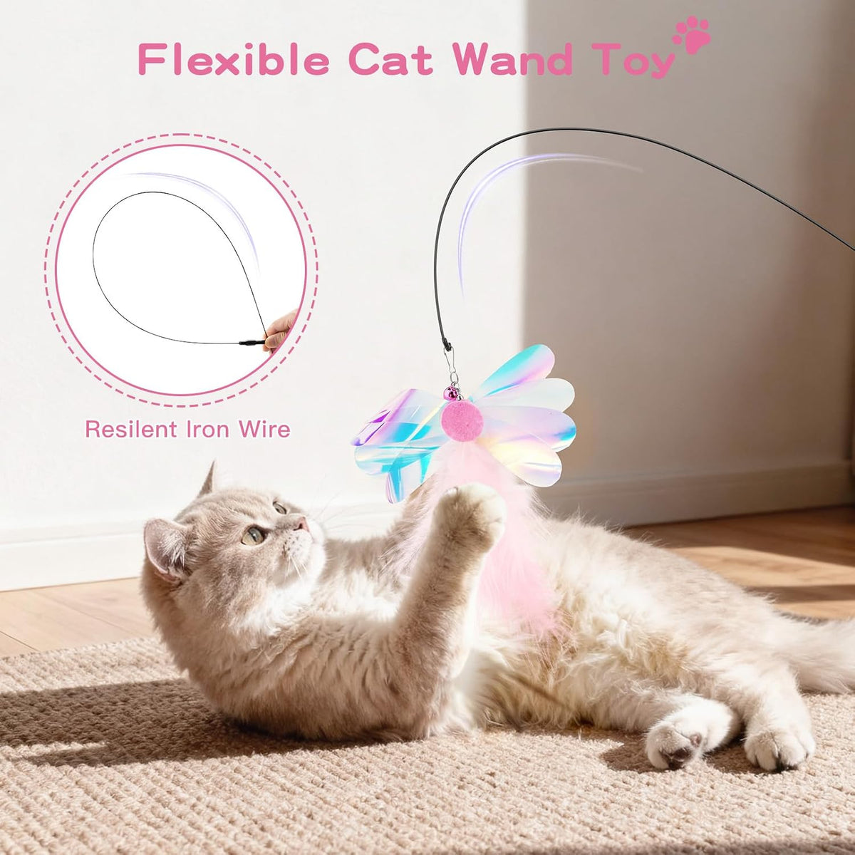 Pawaboo Cat Feather Wand Interactive Toy - Pink Butterfly - image 2
