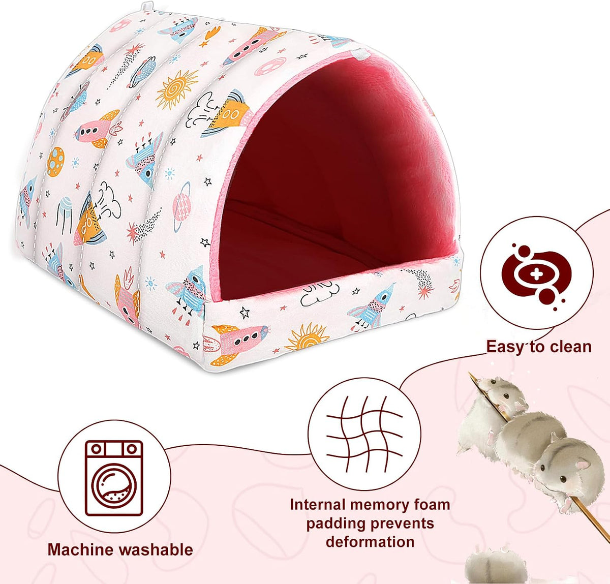 UPINS 2 Pack Guinea Pig Hideout, Washable Small Animal House Bed – Daily Care for Small Pets - 9.84 x 9.84 inch / Pink White - image 4