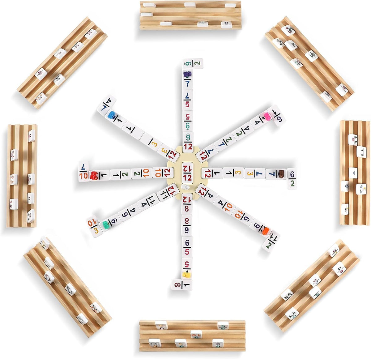 Mexican Train Dominoes Set with Numbers and 4 Wooden Trays/Racks - D12 Numbers 8 Players - image 2