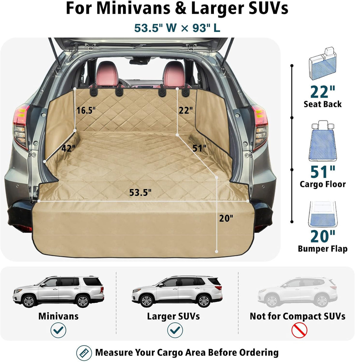 SUV Cargo Liner for Dogs - Trunk Cover with Side Walls for Compact SUV – Essentials for Dogs - Khaki / Large (With Flaps) 93" - image 2