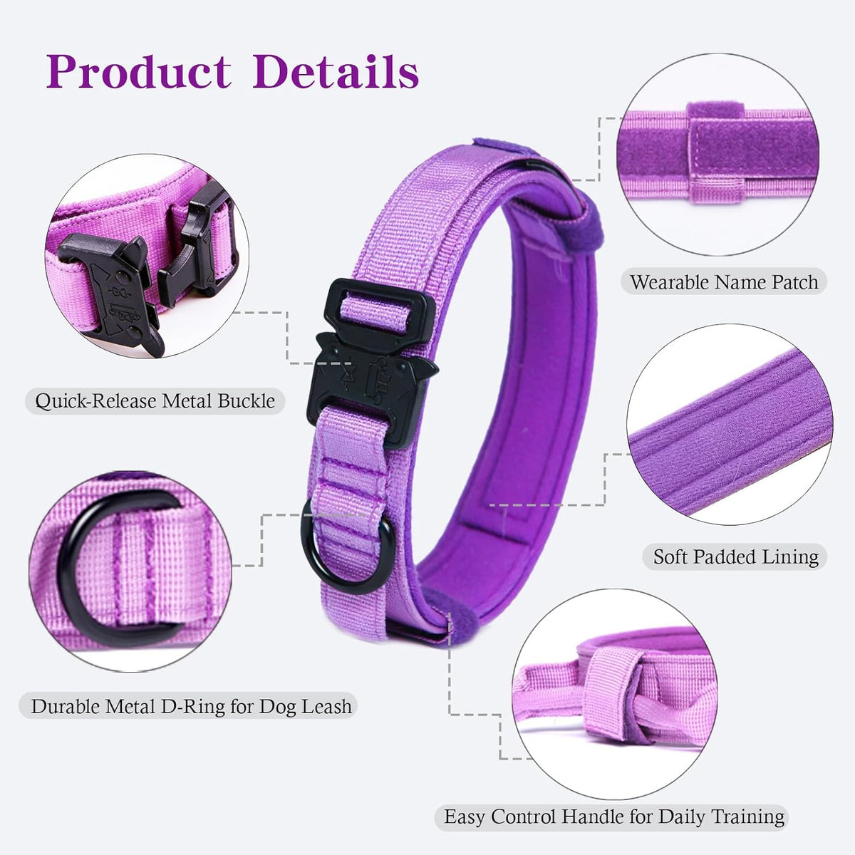 Tactical Dog Collar Adjustable Military Nylon Dog Collar with Control - Medium (Pack of 1) / Purple - image 4
