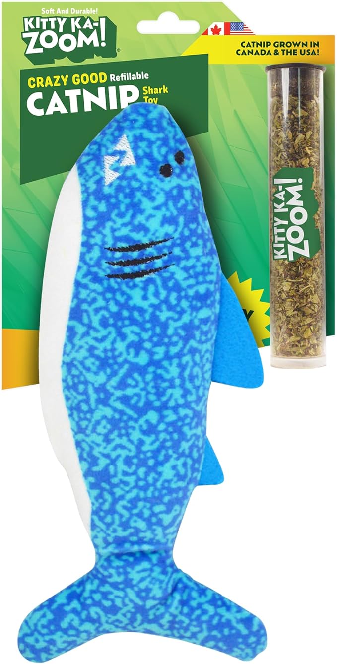 ZOOMIE Shark Kicker - Refillable Catnip Toy + Catnip | High Potency Hand Harvested Fresh | Soft Plush for Engaging Play