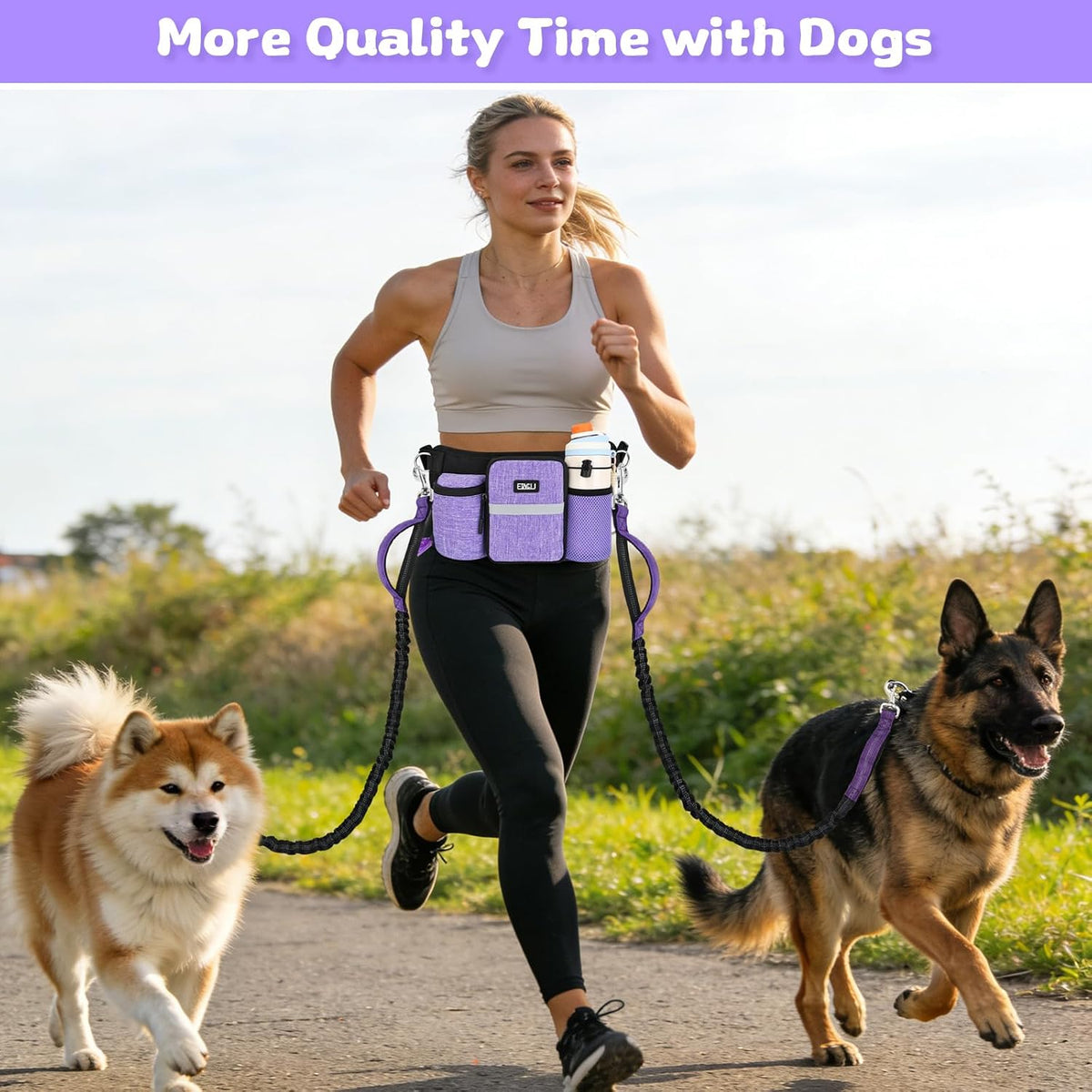 ETACCU Hands Free Dog Leash with Phone Pouch - 2 Dog Purple - image 3