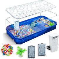 Aquatic Turtle Tank Habitat Kit Stone+Filter+Heat Lamp Enhancing Interaction with 360° Viewing, Standalone Filtration, DIY Creative Zone, Enriched Living (Blue, XL[Without Light])