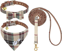 Dog Collar and Leash Set - Embroidery Floral Dog Bow Tie and Bandana Collar with Bell, Cute Flower - Beige / X-Small