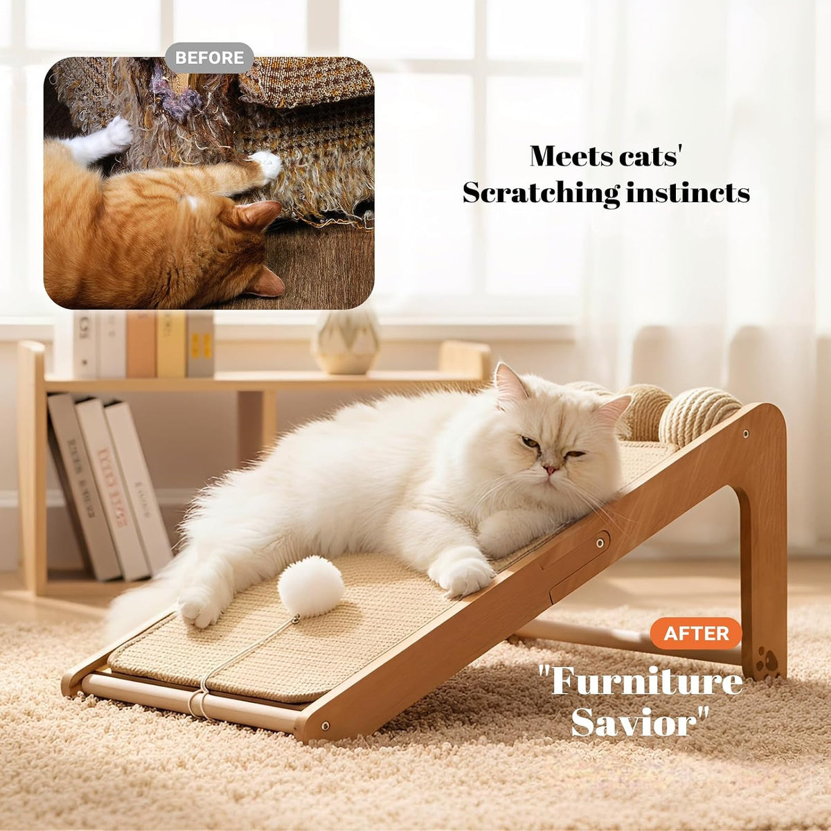 Sisal Cat Scratcher Ramp for Indoor L-Shape Solid Wooden – Essentials for Cats - Large-Fixed - image 2