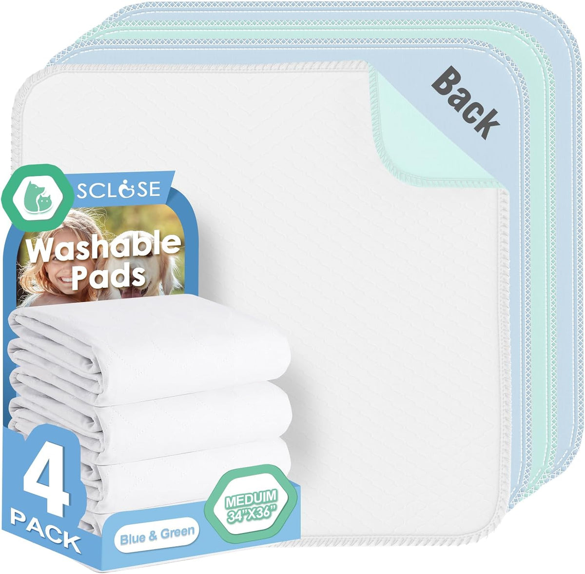 Washable Pee Pad for Dogs - Blue & Green / 34" x 36" (4 Pack)