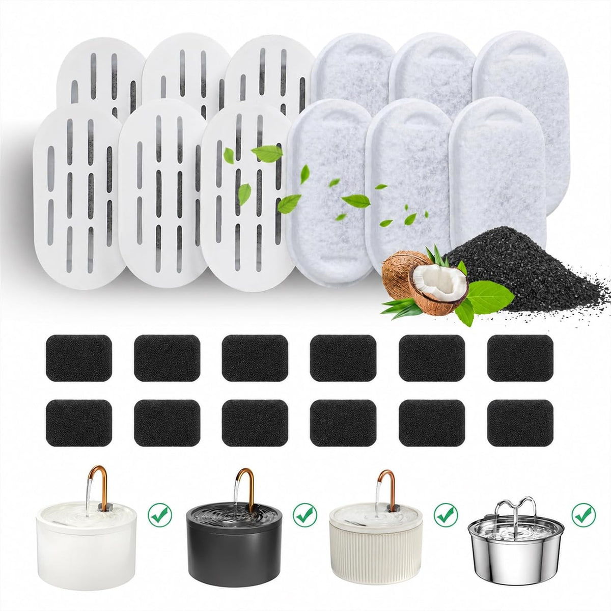 DOOOB Ceramic Cat Water Fountain - 12 Filters + 12 Sponges