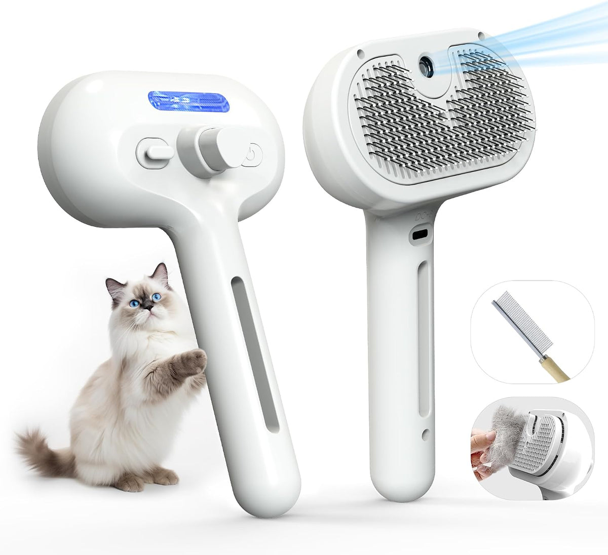 Pet Grooming Brush with Electronic Mist Spray - White