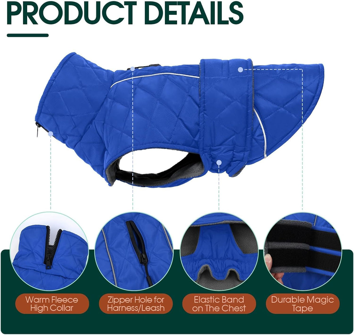 Kuoser Large Dog Coat, Fleece Lined Dog Winter Jacket with Harness Hole, L – Essentials for Dogs - Medium (Chest: 16.53" - 20.47") / Royal Blue - image 4